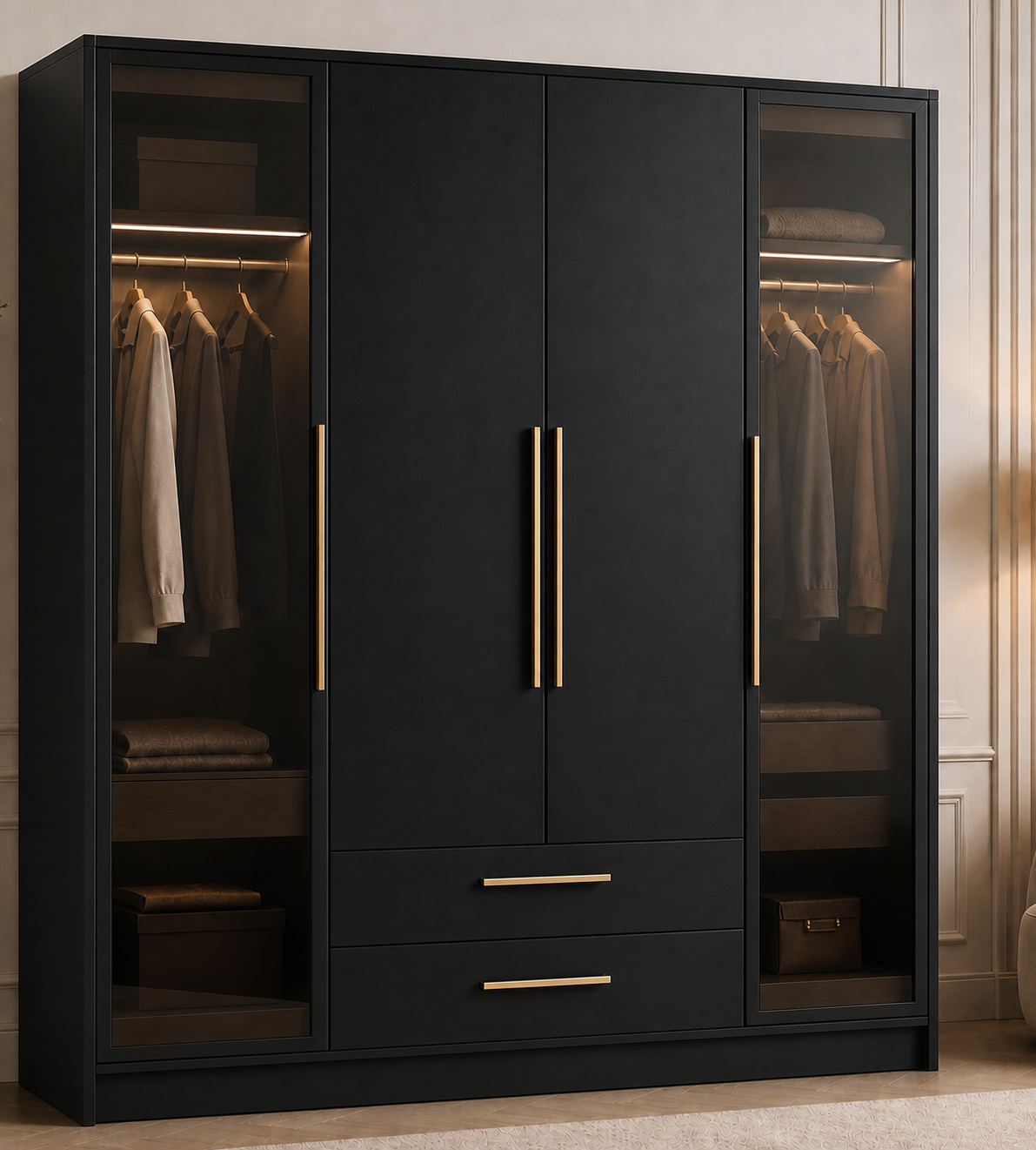 Black wardrobe with glass display doors and LED lighting