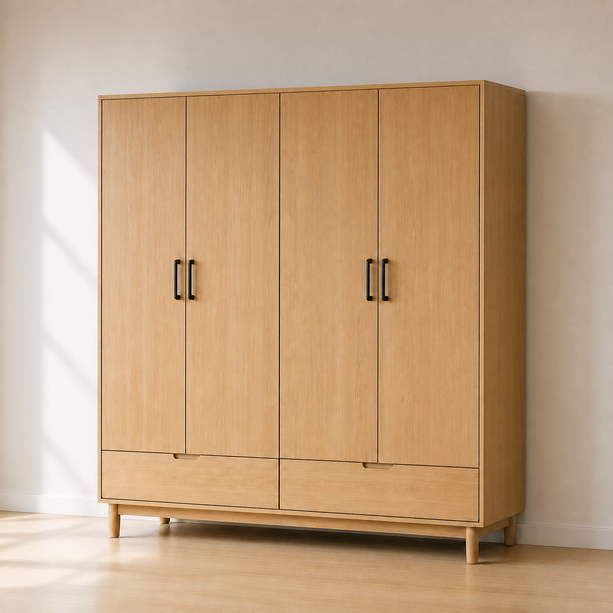 Nordic light oak four door wardrobe with drawers