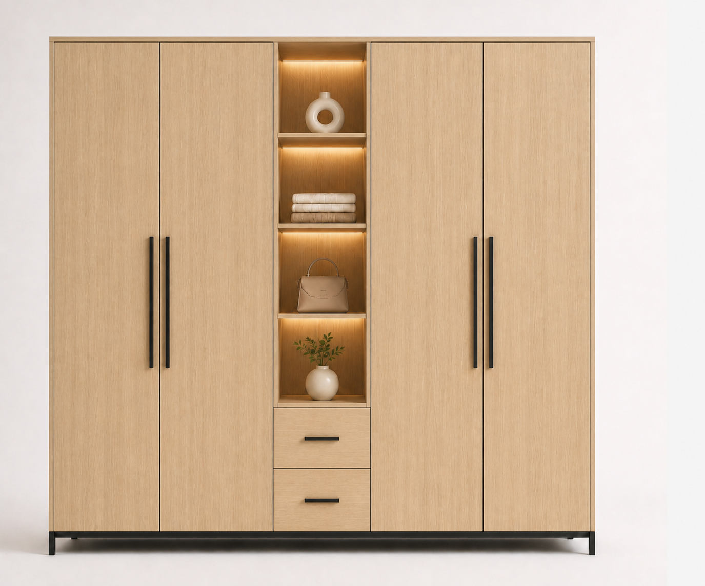 Light oak modular wardrobe with illuminated central shelves