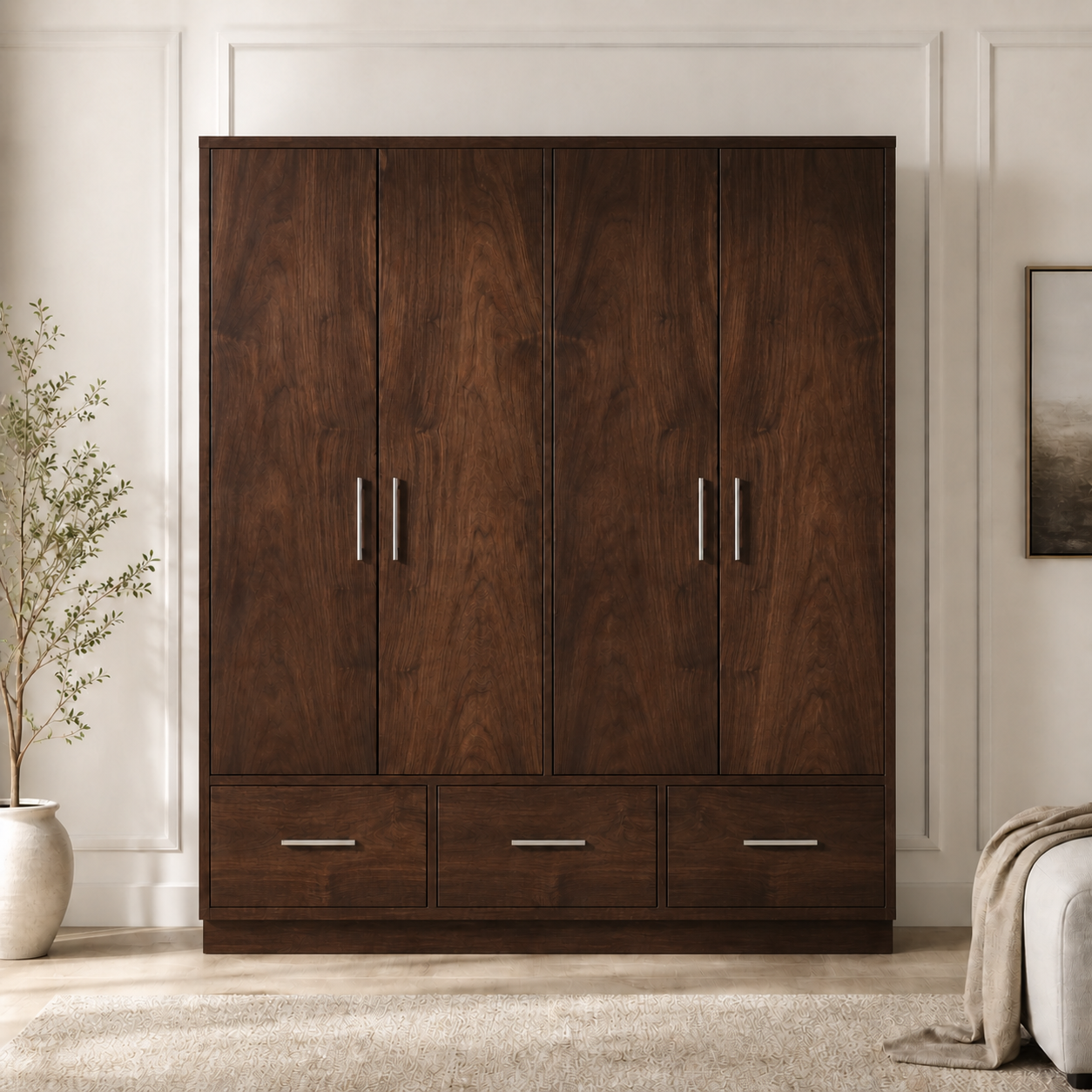 Walnut four door wardrobe with three drawers