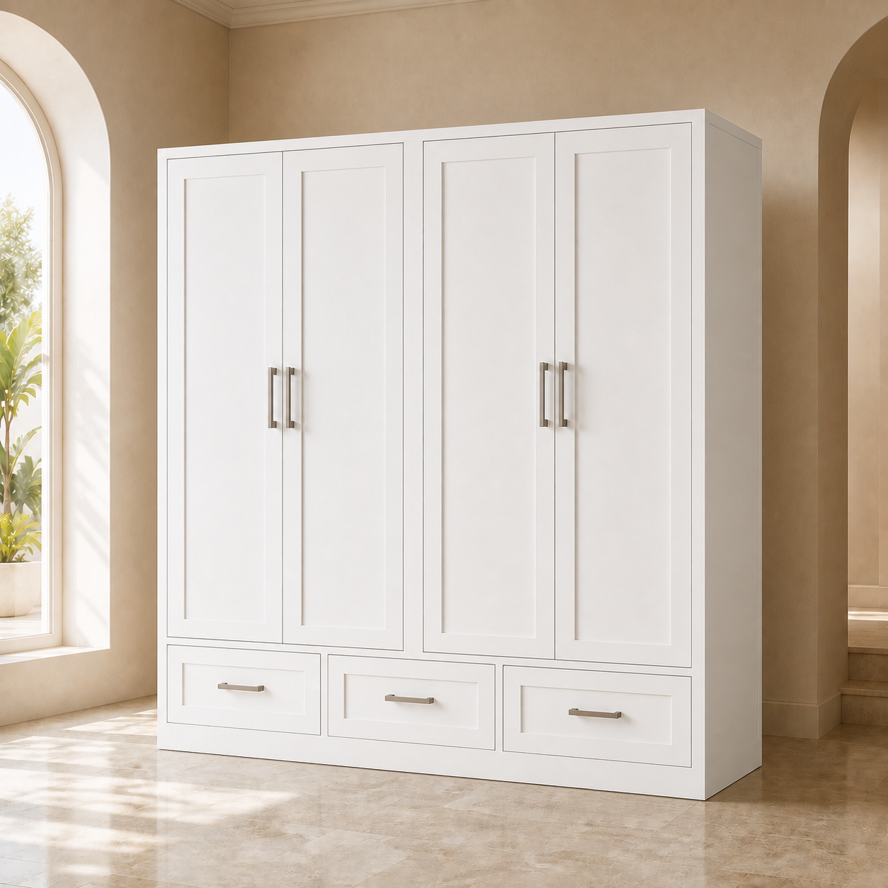 White four door wardrobe with three lower drawers