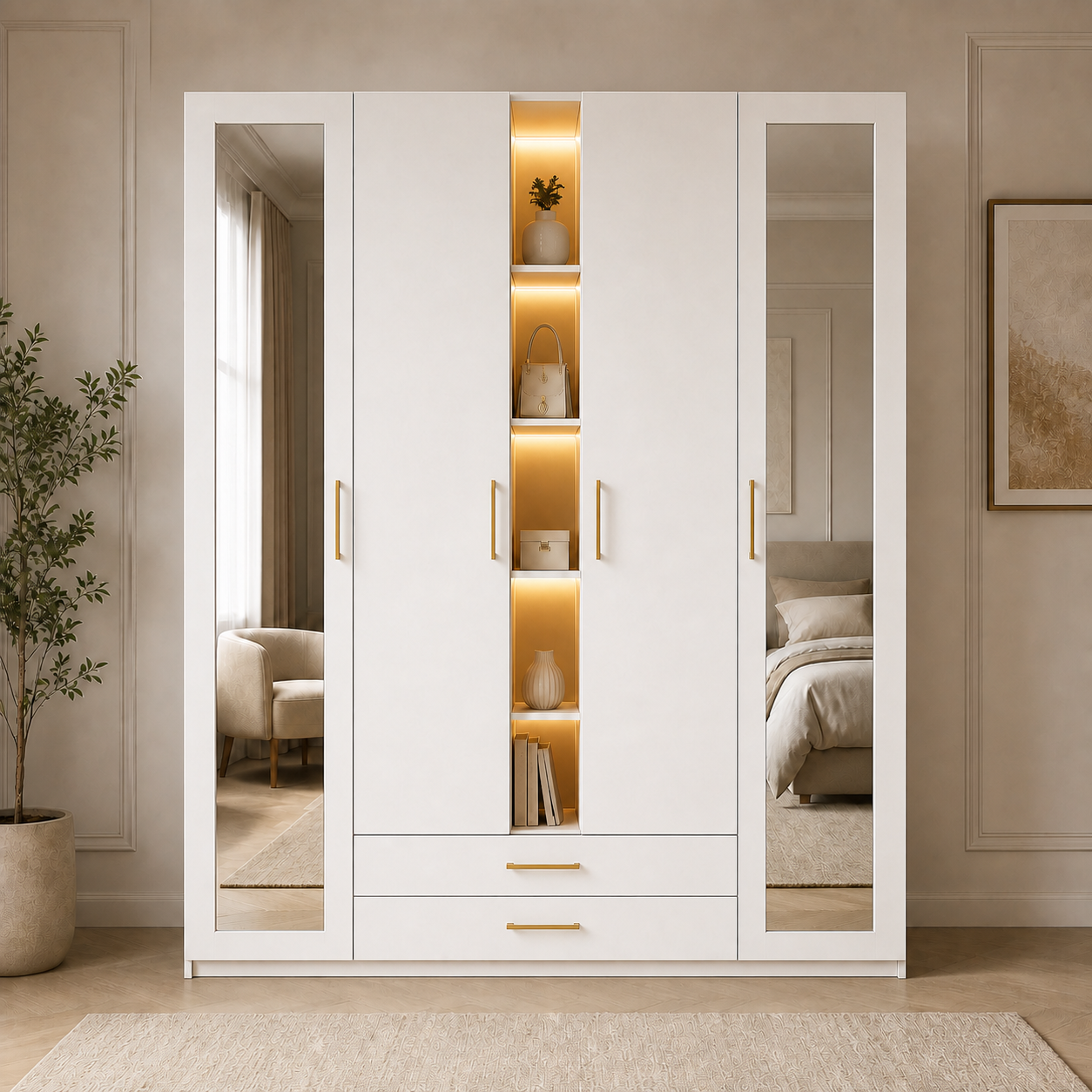 White wardrobe with full length mirrors and illuminated display shelves